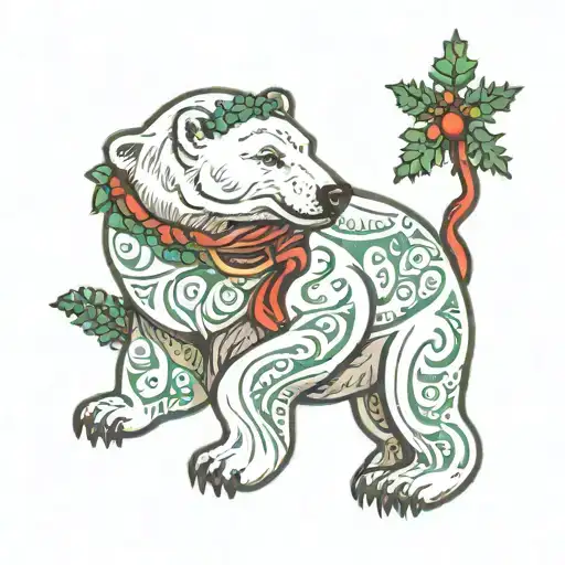 polar bear holding a Christmas writhe in mouth for a calf tattoo  tattoo design idea