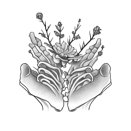 skeleton hand holding an aster, violet, larkspur, and daist tattoo design idea