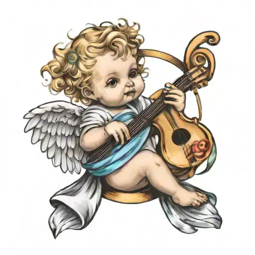 baby angel holding music symbol in one hand and ribbon in other tattoo design idea