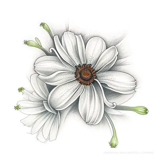  three flowers in a line: lily of the valley, cosmos and daisy tattoo design idea