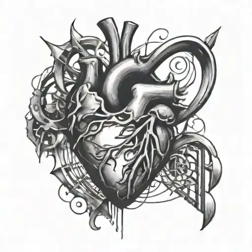 A broken heart with jagged edges and metal music notes intertwined, symbolizing the pain of heartbreak and the healing power of music tattoo design idea