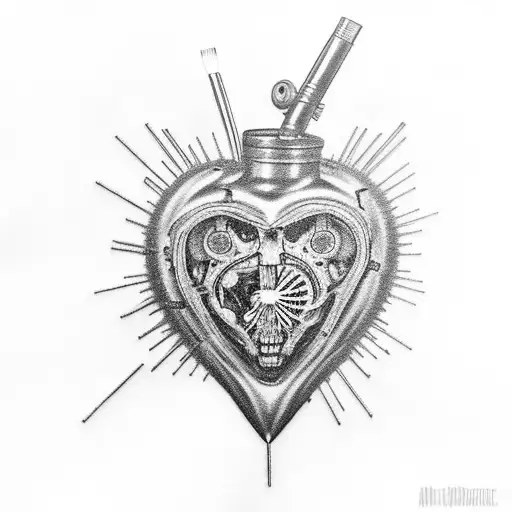 An intricate black-grey tattoo showcasing Green Day's American Idiot heart grenade intertwined with a cassette tape and a paintbrush tattoo design idea