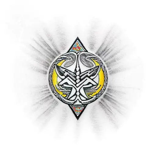 Polynesian patterns intertwined with metal band logos and animal silhouettes in sketch style tattoo design idea