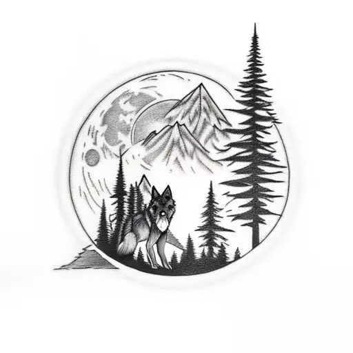 a wolf reflecting a baby wolf and a forest behind it with mountains as the background then the moon on the top tattoo design idea