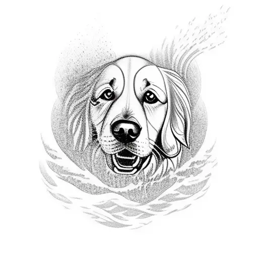 golden retriever dog walking out of the woods on water with a reflection of his younger self tattoo design idea