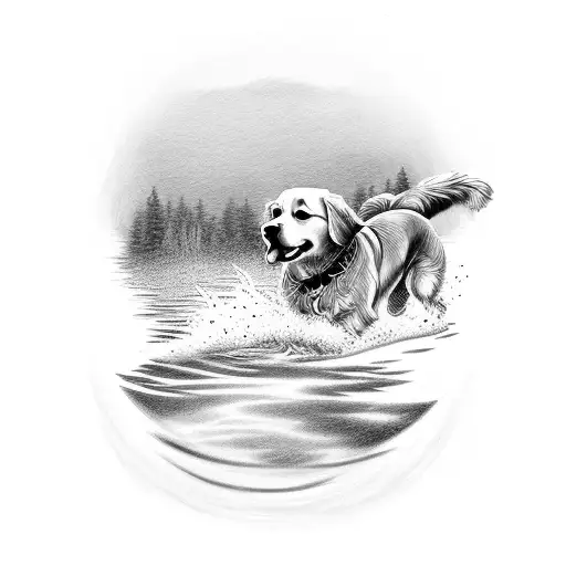 golden retriever dog walking out of the woods on water with a reflection of his younger self tattoo design idea