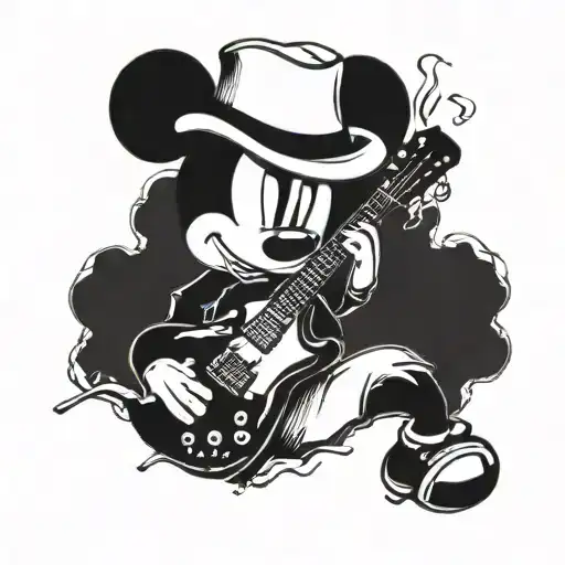 A smoking guitar with Mickey Mouse ears and a Michael Jackson hat tattoo design idea