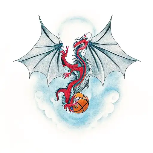 A minimalist dragon flying over a basketball court tattoo design idea