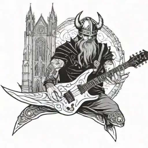 A Viking warrior playing an electric guitar in front of a gothic cathedral tattoo design idea