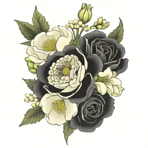 Birth flower bouquet of January, February, April, June, August, September, January  tattoo design idea