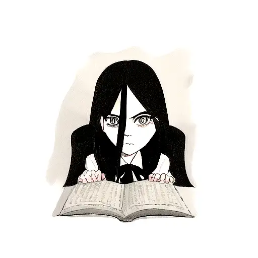 A portrait of Wednesday Addams holding a book tattoo design idea