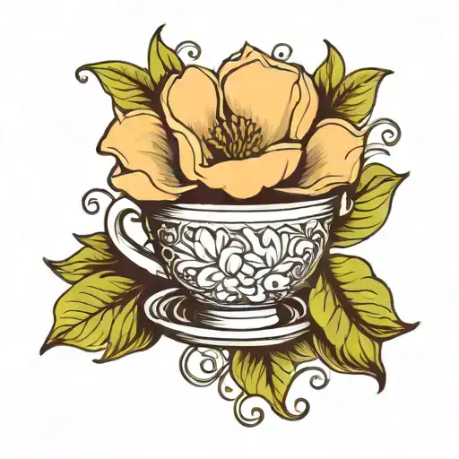 Single coffee cup with a magnolia flower blooming tattoo design idea