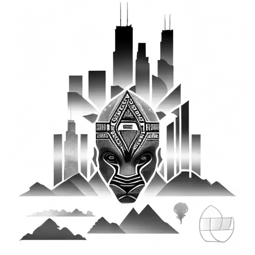 african tribal sunrise integrated with the chicago skyline technology and binary coding tattoo design idea