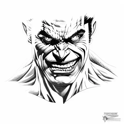 A portrait of the incredible hulk mixed with Joker epresenting the duality of character tattoo design idea