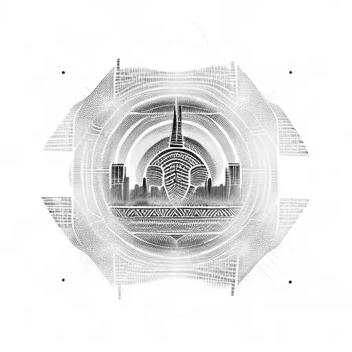 african tribal sunrise integrated with the chicago skyline technology and binary coding tattoo design idea