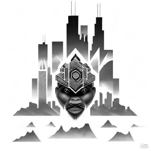 african tribal sunrise integrated with the chicago skyline technology and binary coding tattoo design idea
