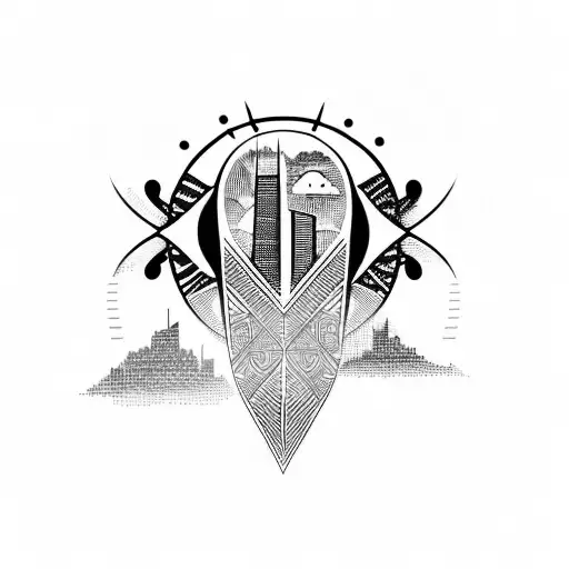 african tribal sunrise, integrated with technology binary coding and chicago skyline tattoo design idea