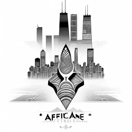 african tribal sunrise integrated with the chicago skyline technology and binary coding tattoo design idea