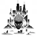 african tribal sunrise integrated with the chicago skyline technology and binary coding tattoo design idea