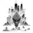 african tribal sunrise integrated with the chicago skyline technology and binary coding tattoo design idea