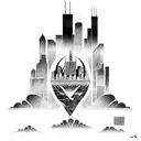 african tribal sunrise integrated with the chicago skyline technology and binary coding tattoo design idea