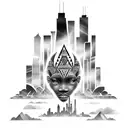 african tribal sunrise integrated with the chicago skyline technology and binary coding tattoo design idea