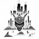 african tribal sunrise integrated with the chicago skyline technology and binary coding tattoo design idea