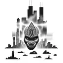 african tribal sunrise integrated with the chicago skyline technology and binary coding tattoo design idea