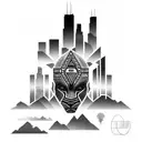 african tribal sunrise integrated with the chicago skyline technology and binary coding tattoo design idea