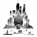 african tribal sunrise integrated with the chicago skyline technology and binary coding tattoo design idea