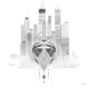 african tribal sunrise integrated with the chicago skyline technology and binary coding tattoo design idea