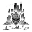 african tribal sunrise integrated with the chicago skyline technology and binary coding tattoo design idea