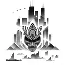 african tribal sunrise integrated with the chicago skyline technology and binary coding tattoo design idea