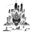 african tribal sunrise integrated with the chicago skyline technology and binary coding tattoo design idea