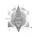 african tribal sunrise, integrated with technology binary coding and chicago skyline tattoo design idea