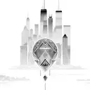 african tribal sunrise integrated with the chicago skyline technology and binary coding tattoo design idea