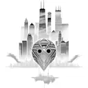 african tribal sunrise integrated with the chicago skyline technology and binary coding tattoo design idea