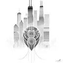 african tribal sunrise integrated with the chicago skyline technology and binary coding tattoo design idea