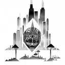 african tribal sunrise integrated with the chicago skyline technology and binary coding tattoo design idea