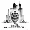 african tribal sunrise integrated with the chicago skyline technology and binary coding tattoo design idea
