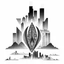 african tribal sunrise integrated with the chicago skyline technology and binary coding tattoo design idea