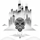 african tribal sunrise integrated with the chicago skyline technology and binary coding tattoo design idea