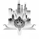 african tribal sunrise integrated with the chicago skyline technology and binary coding tattoo design idea
