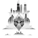 african tribal sunrise integrated with the chicago skyline technology and binary coding tattoo design idea