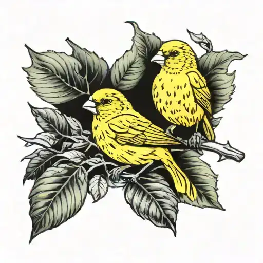 yellow canaries on a single branch of acorn leaf tattoo design idea