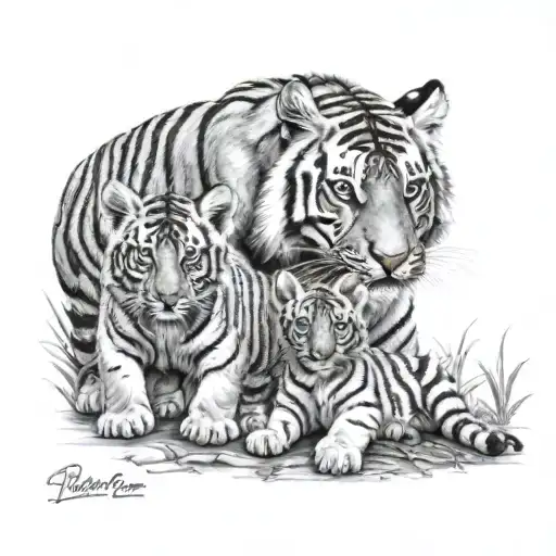 Tattoo sketch, tiger family, realistic, one tiger cub, black and white, color, jungle, forest tattoo design idea