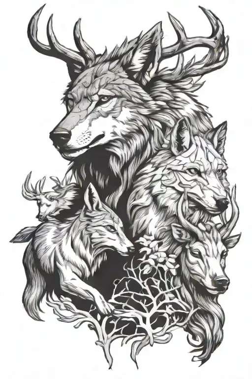 A large gray wolf head and a fallow deer and a stallion intertwined tattoo design idea