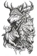 A large gray wolf head and a fallow deer and a stallion intertwined tattoo design idea