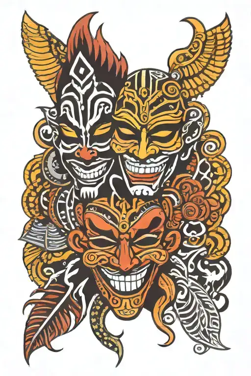 laugh now cry later mask with African tribal tattoo design idea