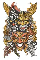 laugh now cry later mask with African tribal tattoo design idea